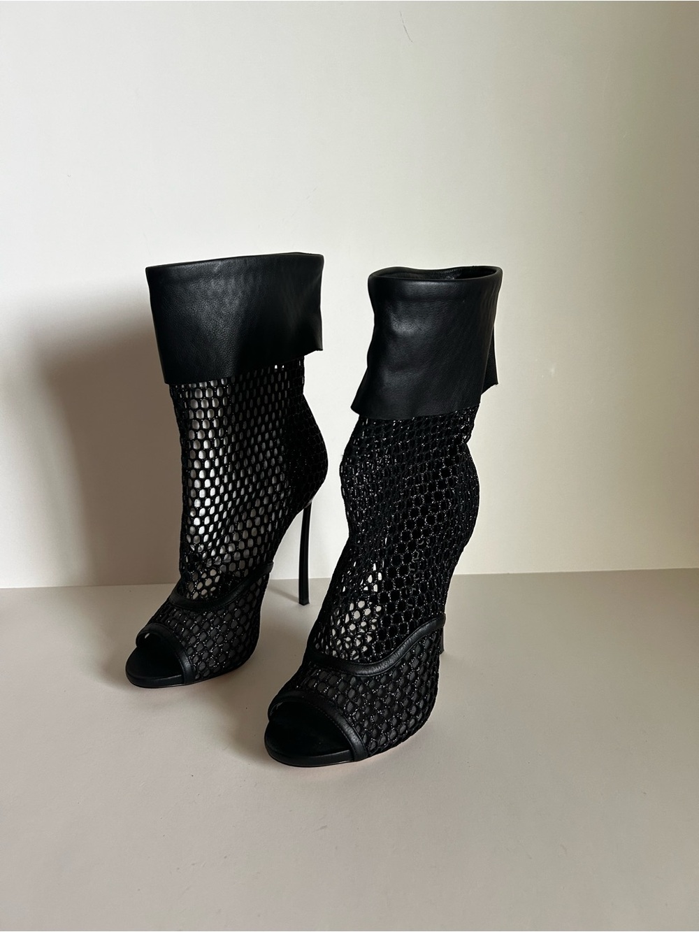 Casadei Black Mesh Peep-Toe Fold-Over Heeled Boots